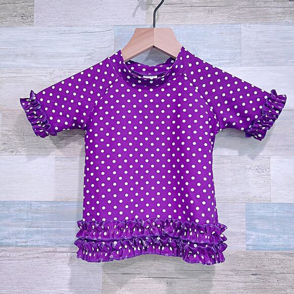 RUFFLEBUTTS 2 Piece Rashguard Swimsuit Purple White Polka Dot Toddler Girl 3T - Picture 2 of 8